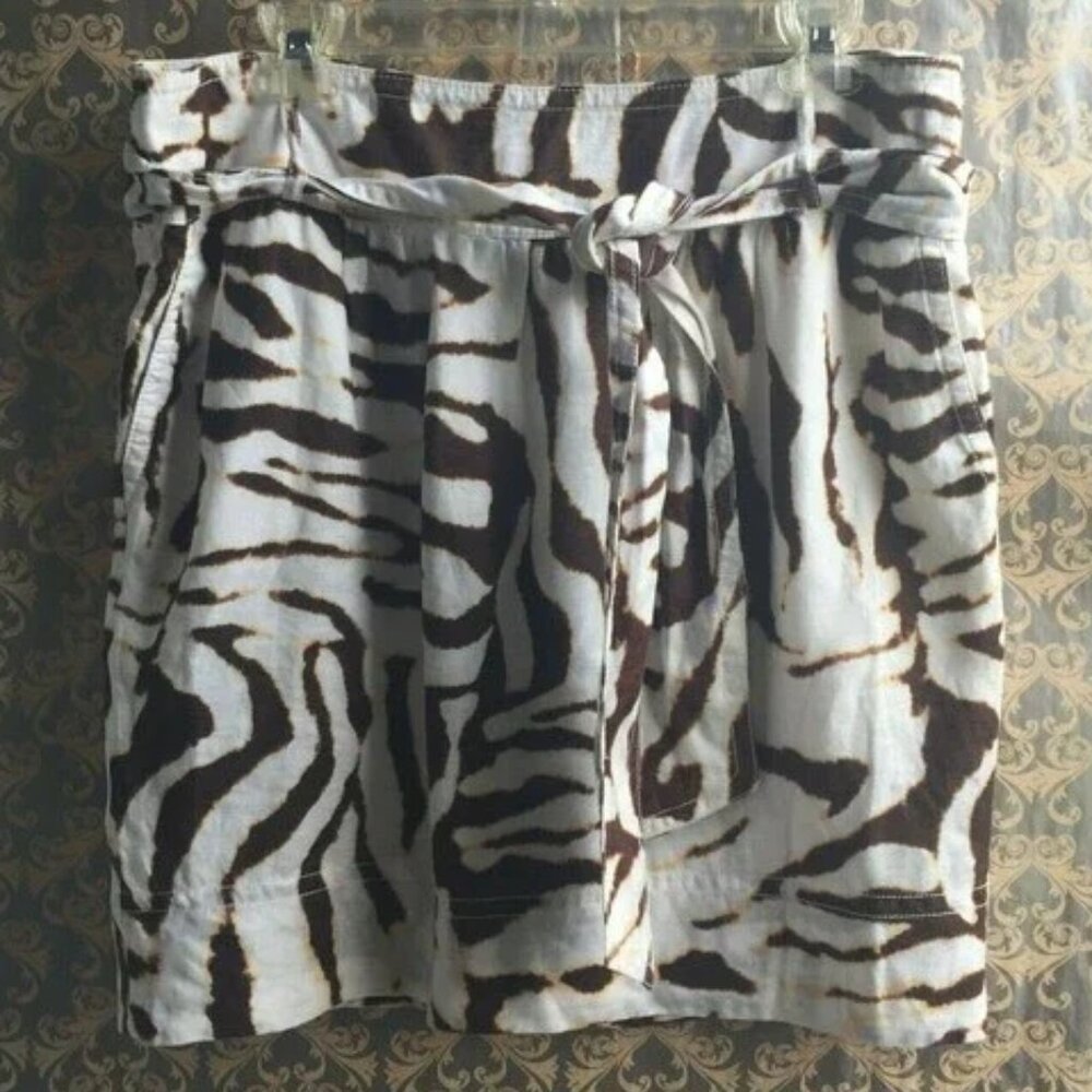 Banana Republic Ivory Brown Animal Print Stripe Linen Skirt  Size 14 Belted!